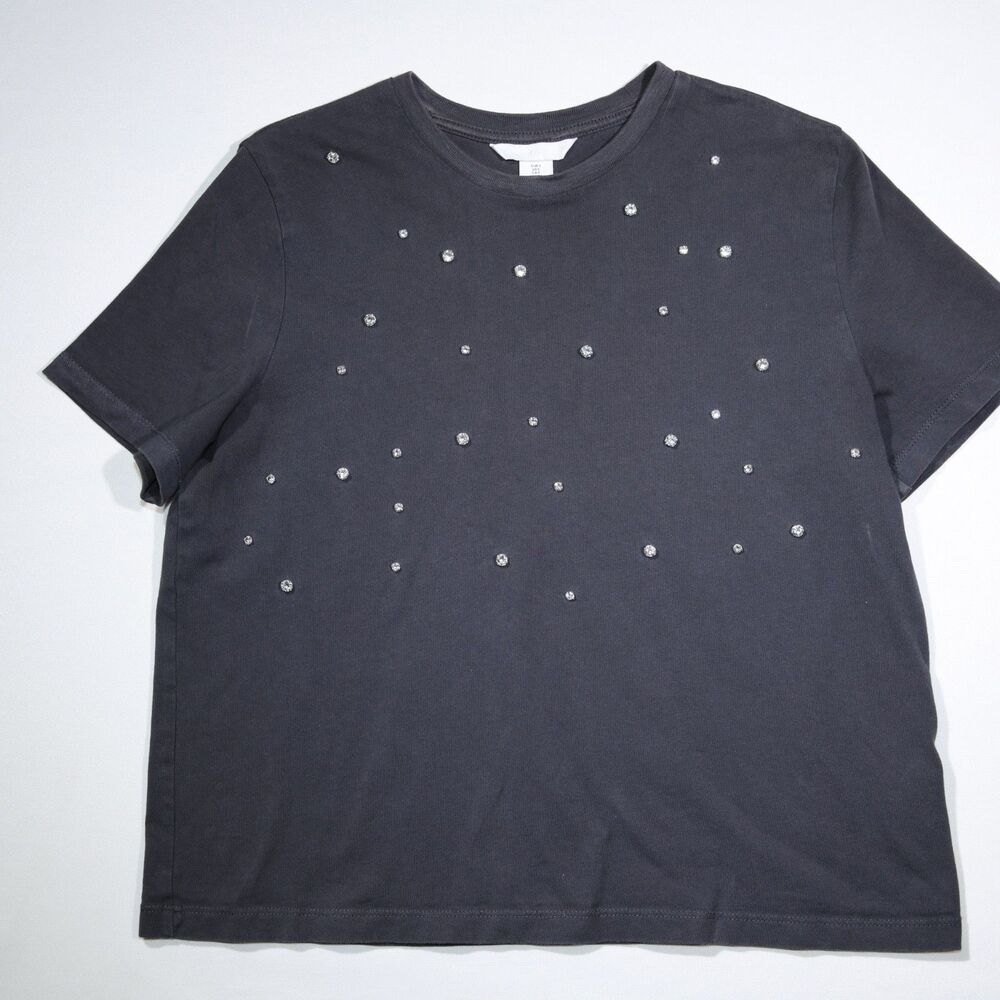 HM Womens Rhinestone Embellished T-Shirt Size S Charcoal Gray Sparkle Short Top